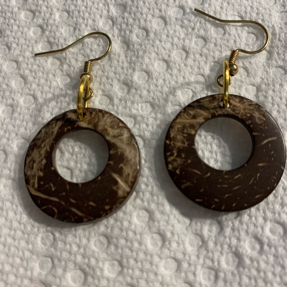 Brown Coconut Shell Circular Earrings